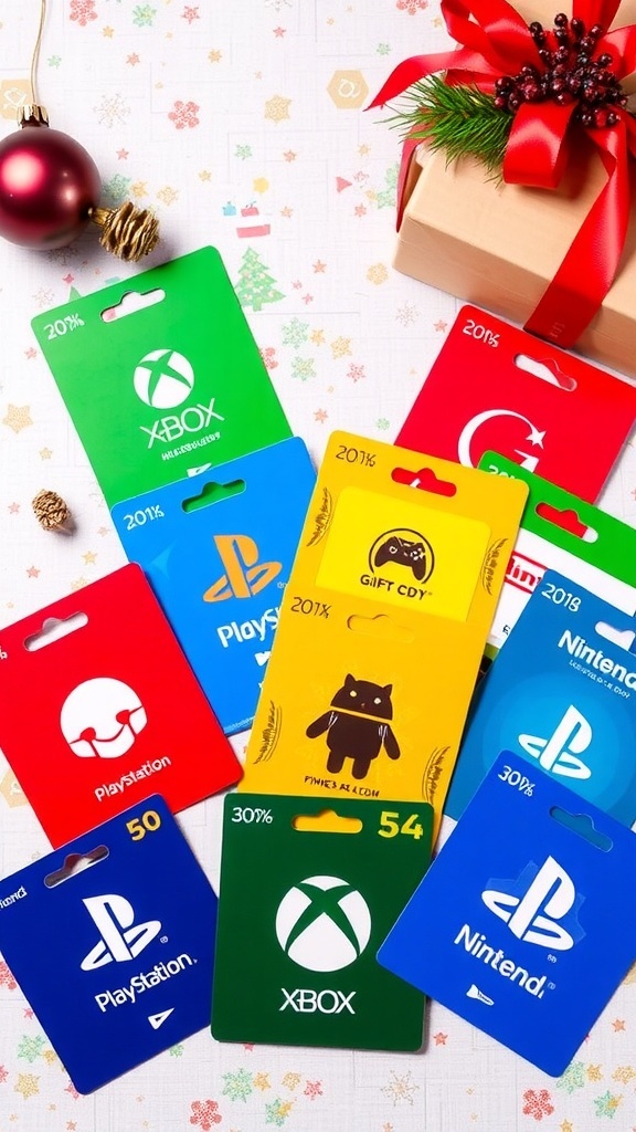 A variety of gaming gift cards displayed on a holiday-themed background with decorations.